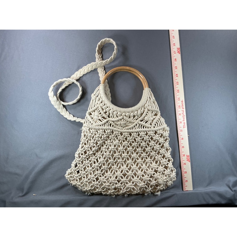 American Eagle Macrame Crossbody Bag Cream Wood Handle Boho Shoulder Handbag